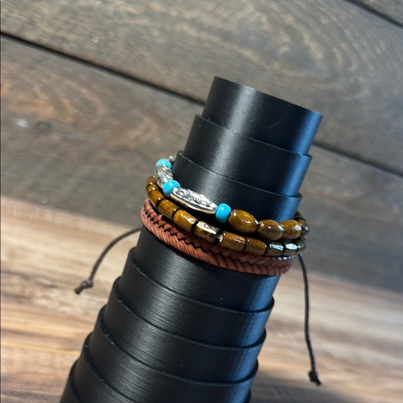 Brown Silver & Turquoise Beaded & Braided Bracelet Set of 3 - Picture 4 of 6